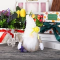 Detail of plush gnome with white tall hat, yellow roses and dense beard among spring flowers - Purple Flower Gnome White (White Hat)