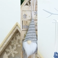 Detail of a Christmas gnome ornament with striped knit hat and white faux fur beard - Gray Wave Pattern (Style N)