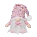 Close-up of pink sequined Christmas gnome with white beard and glowing light detail - Sequin Hat Gnome