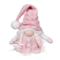 Detailed view of pink knitted Christmas gnome with sequin accents and braided hair detail - Pink Clothes Button Gnome
