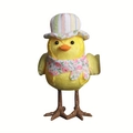 Detail of yellow Easter bird ornament with a striped hat and floral pink scarf decoration - Yellow Bird with Striped Hat