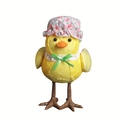 Close-up of yellow Easter chick decor with floral sun hat and green lace bow detail - Yellow Bird with Patterned Hat