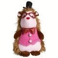 Detail of plush beaver doll with black top hat, red sequin glasses and pink fleece vest - Mini Sweater