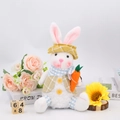Detail of white Easter bunny plush in yellow plaid vest holding a small carrot - Male Rabbit Style