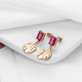 Gold stainless steel earrings with rectangle pink zircon and monstera leaf pendant - Pink Purple Gemstone Style (ER-145) / Gold