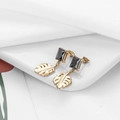 Golden drop earrings with black rectangular gemstone and tropical monstera leaf charm - Black Gemstone Style (ER-147) / Gold