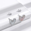 Elegant silver heart stud earrings featuring iridescent shell inlay and wavy edges - Silver White Shell Pattern Heart Stud Earrings (ER-735)
