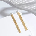 Elegant gold heart earrings with white faux pearls and long fringe tassel chains - Gold Heart Style (ER-772)