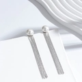 Elegant stainless steel long tassel earrings with white pearls in a silver finish - Silver Round Style (ER-774)