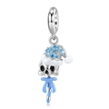 925 sterling silver Christmas skull charm with blue zircon hat and candy cane decoration - 925 Silver / Skull With Christmas Hat Charm (PD0898)