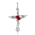 Silver angel wing cross necklace with a deep red rectangle gemstone and white zircon - 925 Silver / January - Red Birthstone Pendant Only (Without Chain)