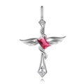 Collana a croce con ali d'angelo in argento S925 e gemma rossa rettangolare - Argento 925 / Luglio - Ciondolo Pietra Natale Rosso Rubino Solo (Senza Catena)