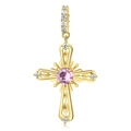 Pendentif croix en argent S925 avec pierre rose et zircons blancs en finition dorée - Pierre de Naissance Rose d'Octobre (PD0927-10)