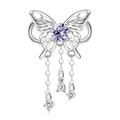 S925 sterling silver butterfly charm with purple gemstone and dangling tassels - 925 Sterling Silver / February Purple Birthstone (PC1651-2)
