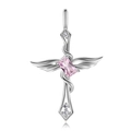 Ciondolo croce ali d'angelo in argento S925 con pietra rosa taglio smeraldo centrale - Argento 925 / Ottobre - Ciondolo Pietra Natale Rosa Solo (Senza Catena)