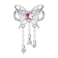 S925 sterling silver butterfly charm with pink stone and elegant dangling tassels - 925 Sterling Silver / October Pink Birthstone (PC1651-10)