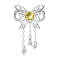 S925 Sterling silver butterfly charm with a large yellow gemstone and tassel fringes - 925 Sterling Silver / November Yellow Birthstone (PC1651-11)