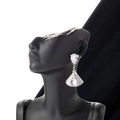 Silver fan-shaped drop earrings with teardrop cubic zirconia on a black model bust - Silver White Stone Style (ER-882)