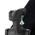 Silver-finish fan-shaped dangle earrings with emerald green zircon stones for women - Silver Green Stone Style (ER-883)