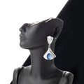 Elegant silver-tone fan-shaped drop earrings with blue sapphire color stones and clear zircons - Silver Blue Stone Style (ER-884)