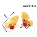 Vintage gold butterfly earrings with red turquoise stone inlay and dimensions shown - Wings Design (ye-033-red)