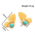 Golden butterfly wing earrings with inlaid turquoise stones and detailed dimensions - Wings Design (ye-033-blue)