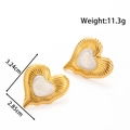 Gold stainless steel heart stud earrings with white enamel and radial texture 3.2cm - Heart-shaped Design (ye-032-white)