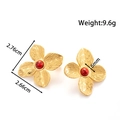 Gold-finished flower stud earrings with red stone center, sized 2.76cm by 2.66cm - Floral Design (ye-016-red)