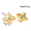 Golden four-leaf flower earrings with radial texture and turquoise bead center - Floral Design (ye-016-blue)