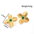 Golden flower earrings with green malachite stone inlay and textured radial petals - Floral Design (ye-016-green)