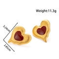 Gold stainless steel heart stud earrings with red enamel and radial texture, 3.24cm size - Heart-shaped Design (ye-032-red)