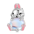 Cute S925 silver rabbit charm with pink enamel and round synthetic moonstone inlay - Cute Rabbit Style (PC1433) / 925 Sterling Silver