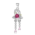 S925 silver flower pendant with heart red stone, white pearl and dangling tassels - July Lotus