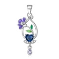 S925 silver flower pendant with blue heart gem and purple enamel floral accents - September Morning Glory