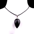 Polished black onyx teardrop pendant with black cord on a white mannequin bust - Obsidian