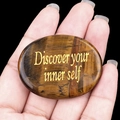 Tiger's eye palm stone engraved with Discover your inner self inspirational text - Tiger's Eye