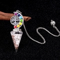 Seven chakra life tree pendulum with clear crystal stones and silver moon crescent - Howlite