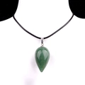 Green aventurine teardrop pendant necklace with black cord on white model stand - Green Aventurine