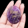 Polished purple amethyst stone featuring gold Missing You engraving for emotional support - Amethyst