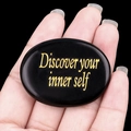 Polished black agate worry stone engraved with gold Discover your inner self text - Obsidian
