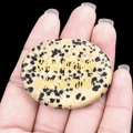 Pierre de paume jaspe dalmatien avec gravure dorée Relax the body tenue en main - Jaspe dalmatien