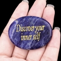 Oval dark blue sodalite palm stone with gold Discover your inner self engraving - Blue Sodalite