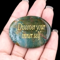 Green natural agate worry stone with golden Discover your inner self engraving - India Agate
