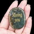 Polished moss agate palm stone with golden 'Missing you' engraving for healing - India Agate