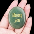 Polished green aventurine palm stone featuring gold engraved 'Missing you' lettering - Green Aventurine