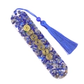 Resin bookmark with blue natural crystals, chakra symbols and a long silk tassel - Lapis Lazuli