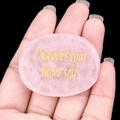 Pink quartz worry stone engraved with golden Discover Your Inner Self text - Rose Quartz