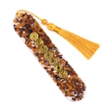 Tiger eye stone resin bookmark with golden chakra symbols and yellow tassel charm - Tiger's Eye