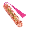 Handmade resin bookmark featuring red agate stones, chakra symbols, and a pink silk tassel - Red Agate