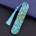 Oval resin bookmark with turquoise chips and golden tree of life with blue tassel - Synthetic Turquoise Style (2153)